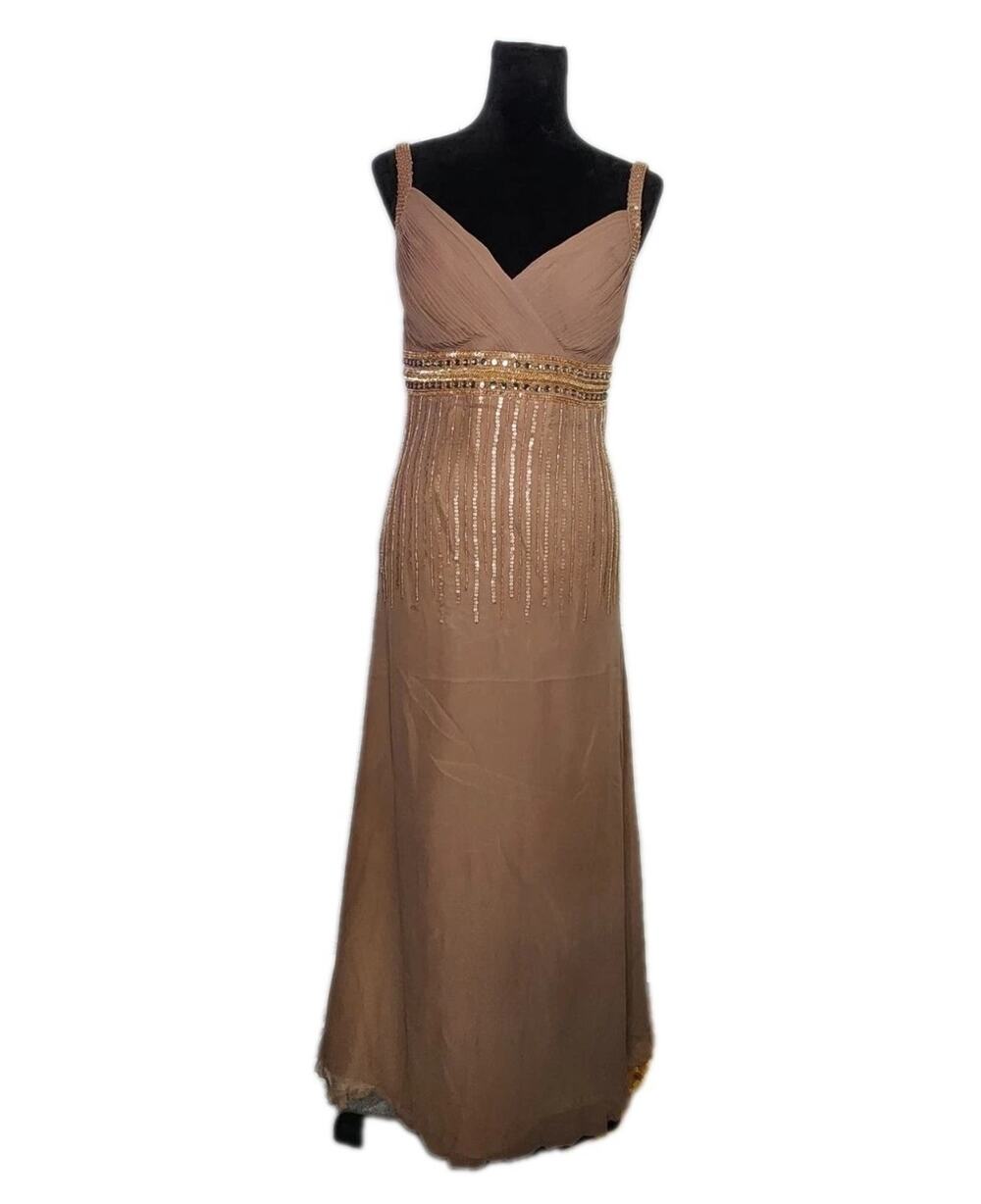 Nwt Scala 100% Silk Empire Wait Beaded Sequin Maxi Gown Dress Taupe size 12